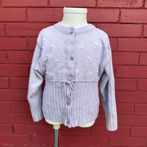 Vtg Little Angel‎ Cardigan Sweater Lilac Daisy Embellished Girls Toddler Size 4